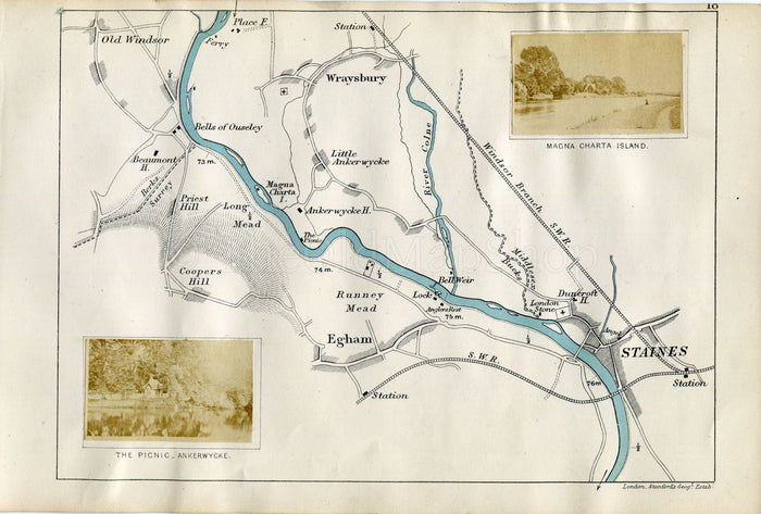 1873 Henry Taunt Antique Map, The River Thames, Old Windsor, Wraysbury, Egham, Runnymede, Berkshire, Surrey