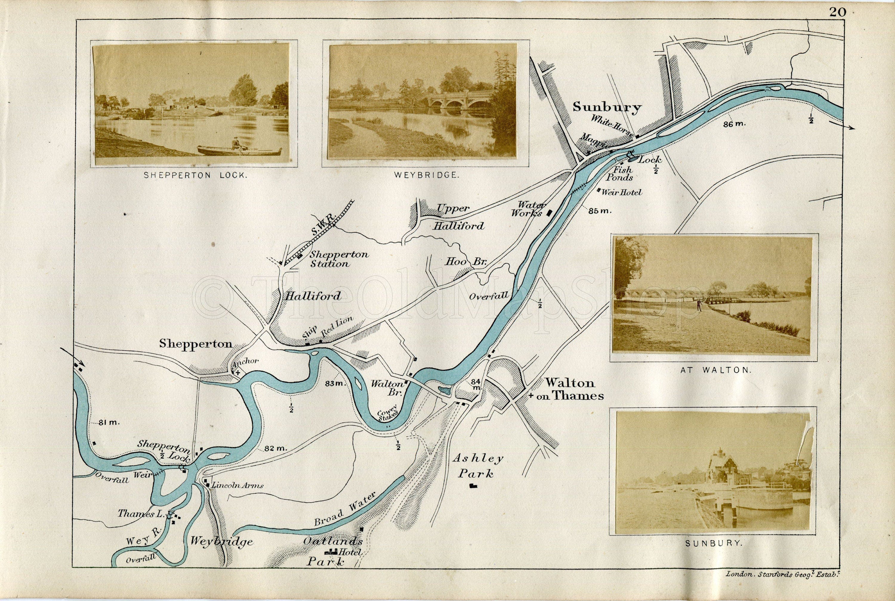 1873 Henry Taunt Antique Map, The River Thames, Shepperton, Weybridge, Upper Halliford, Walton-on-Thames, Ashley Park, Sunbury-on-Thames