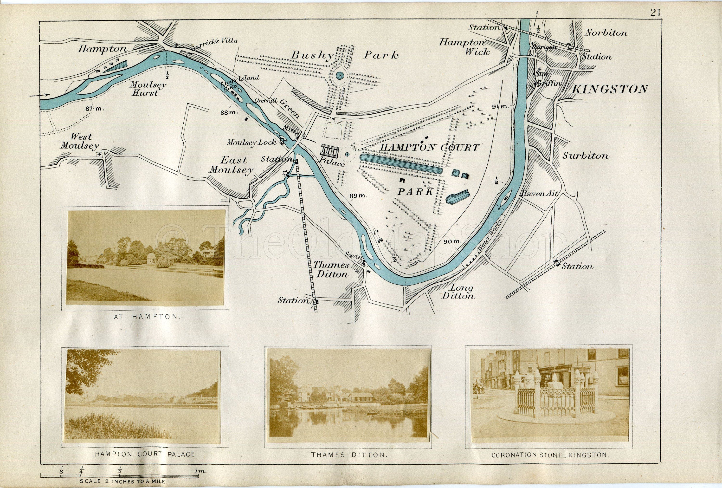1873 Henry Taunt Antique Map, The River Thames, East Molesey, Bushy Park, Hampton Court, Thames Ditton, Surbiton, Kingston, Surrey, London