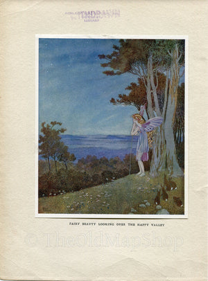 1921 Ida Rentoul Outhwaite Antique Fairy Print (Fairy Beauty Looking Over The Happy Valley) Vintage Book Plate, from The Enchanted Forest