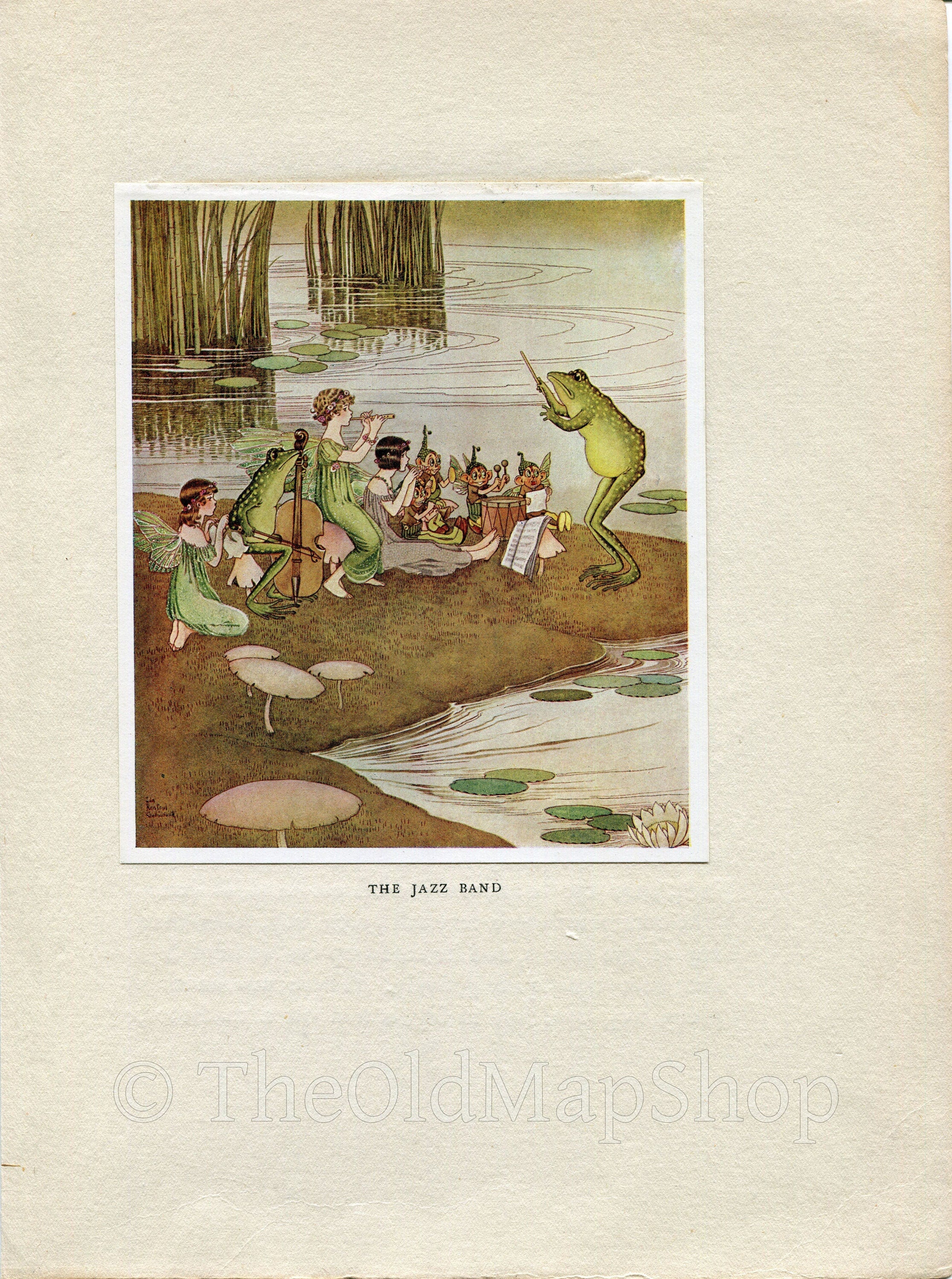 1921 Ida Rentoul Outhwaite Antique Fairy Print (The Jazz Band) Frog Vintage Book Plate, from The Enchanted Forest