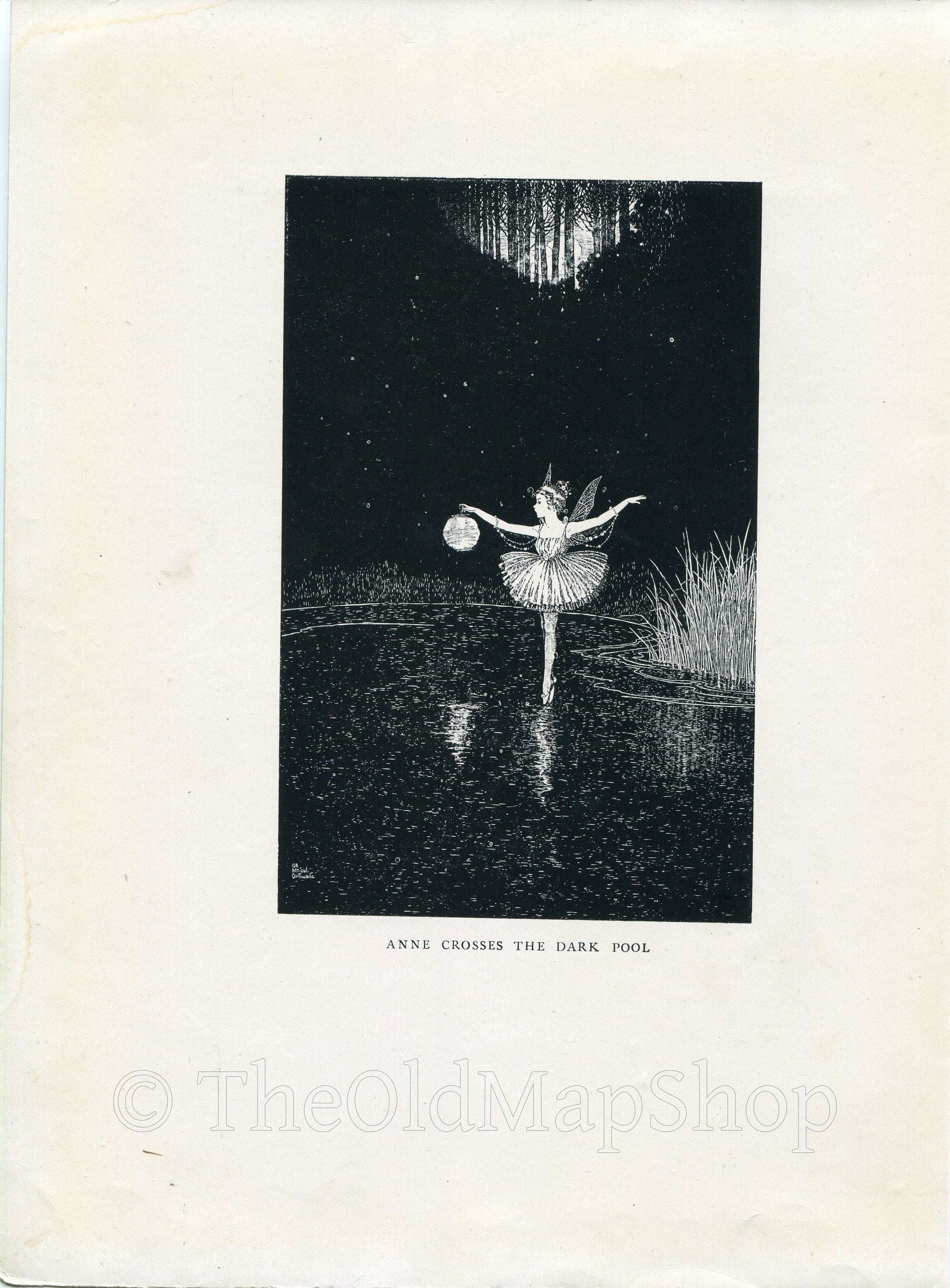 1921 Ida Rentoul Outhwaite Antique Fairy Print (Anne Crosses The Dark Pool) Vintage Book Plate, from The Enchanted Forest
