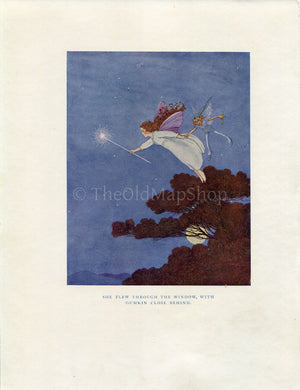 1922 Ida Rentoul Outhwaite Antique Fairy, Fairies Print, She Flew Through The Window With Gumkin, Book Plate, Little Green Road to Fairyland