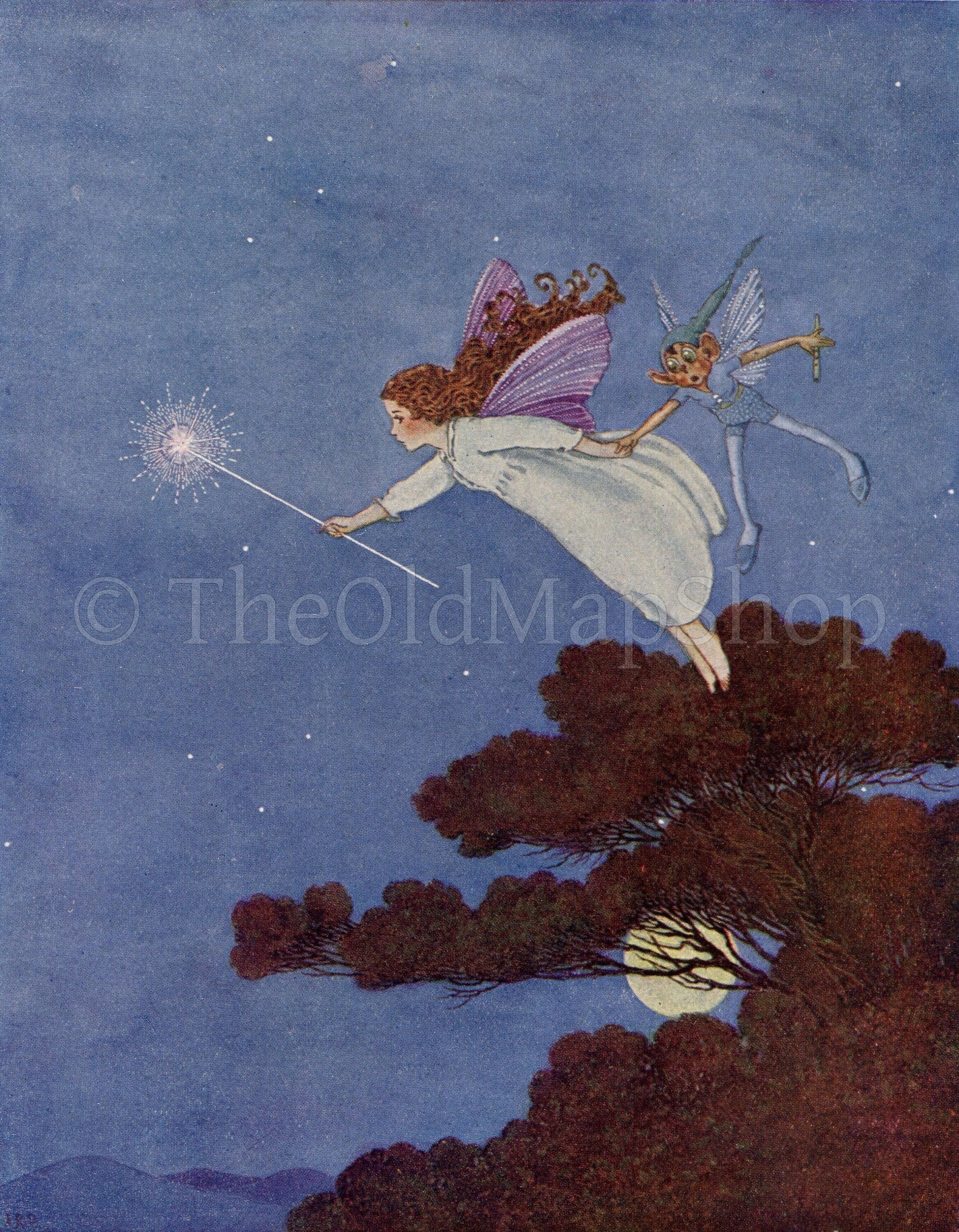 1922 Ida Rentoul Outhwaite Antique Fairy, Fairies Print, She Flew Through The Window With Gumkin, Book Plate, Little Green Road to Fairyland