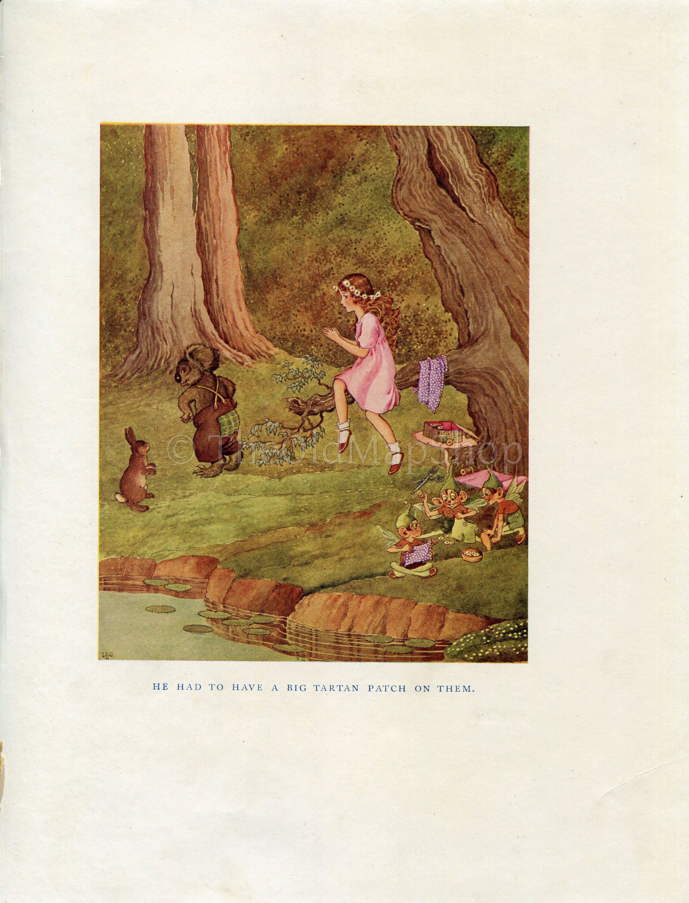 1922 Ida Rentoul Outhwaite Antique Fairy, Fairies Print, Big Tartan Patch, Koala, Bunny Rabbit, Book Plate, Little Green Road to Fairyland