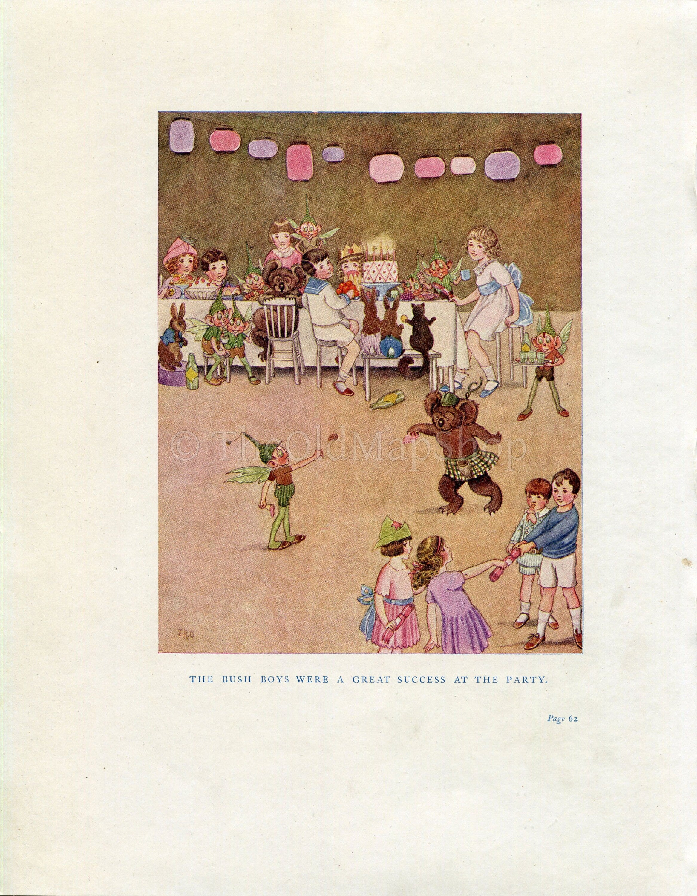 1922 Ida Rentoul Outhwaite Antique Fairy Print, Bush Boys Were A Great Success At The Party, Book Plate, The Little Green Road to Fairyland