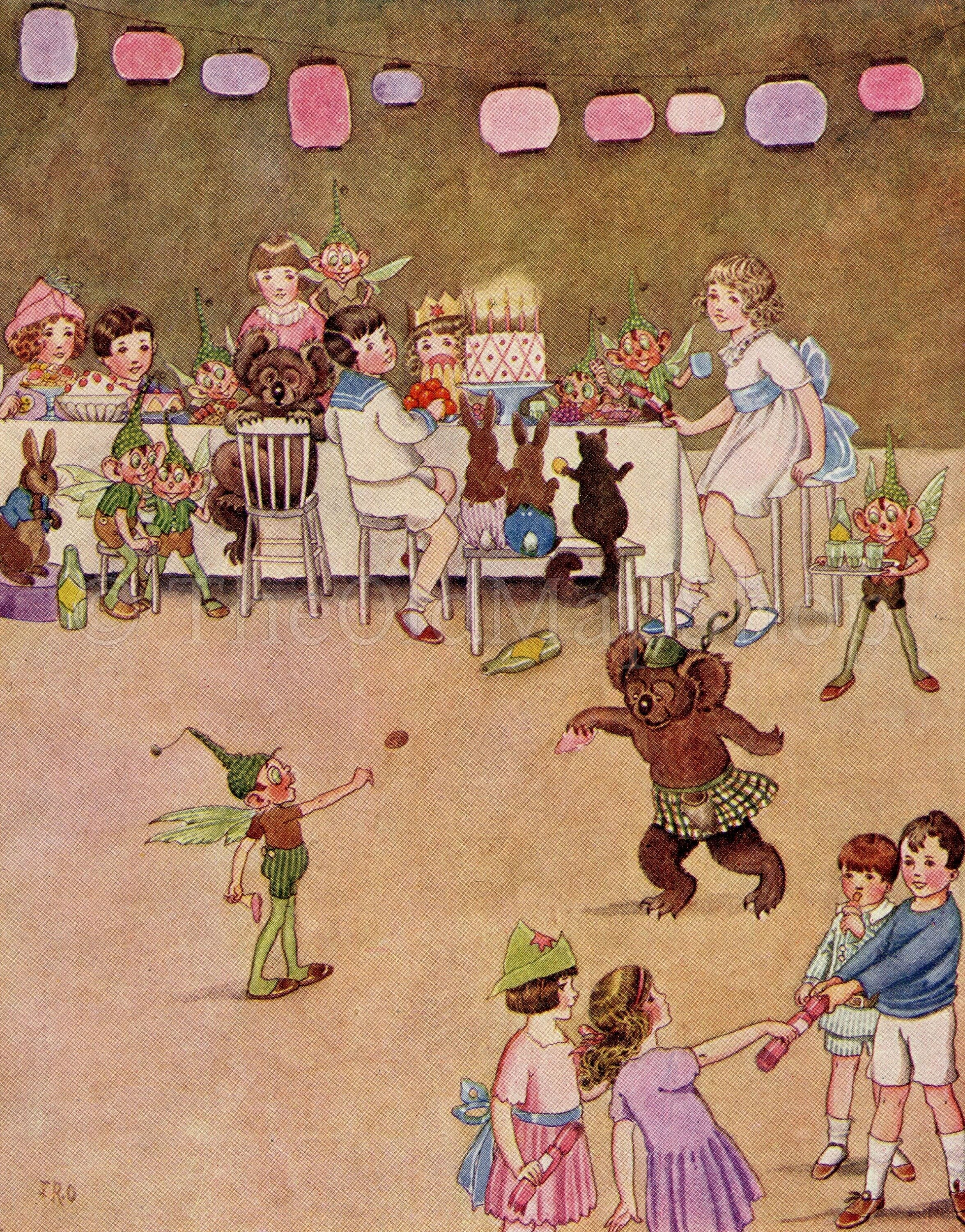 1922 Ida Rentoul Outhwaite Antique Fairy Print, Bush Boys Were A Great Success At The Party, Book Plate, The Little Green Road to Fairyland