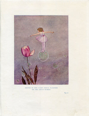 1922 Ida Rentoul Outhwaite Antique Print, Sylvie In Fairy Frock Floating On Great Bubble, Book Plate, The Little Green Road to Fairyland