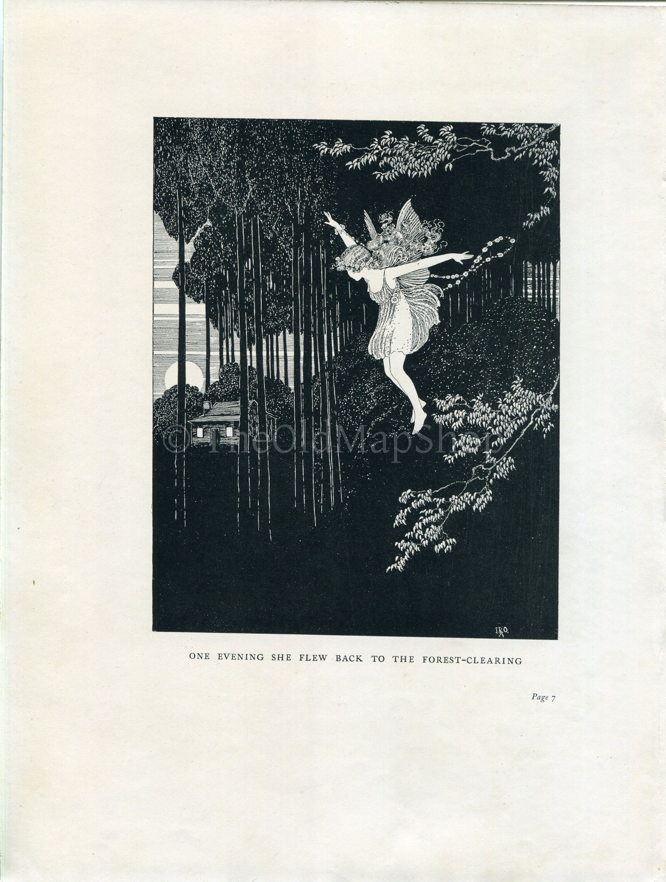 1922 Ida Rentoul Outhwaite Antique Fairy Fairies Print, She Flew Back to The Forest Clearing, Book Plate, The Little Green Road to Fairyland