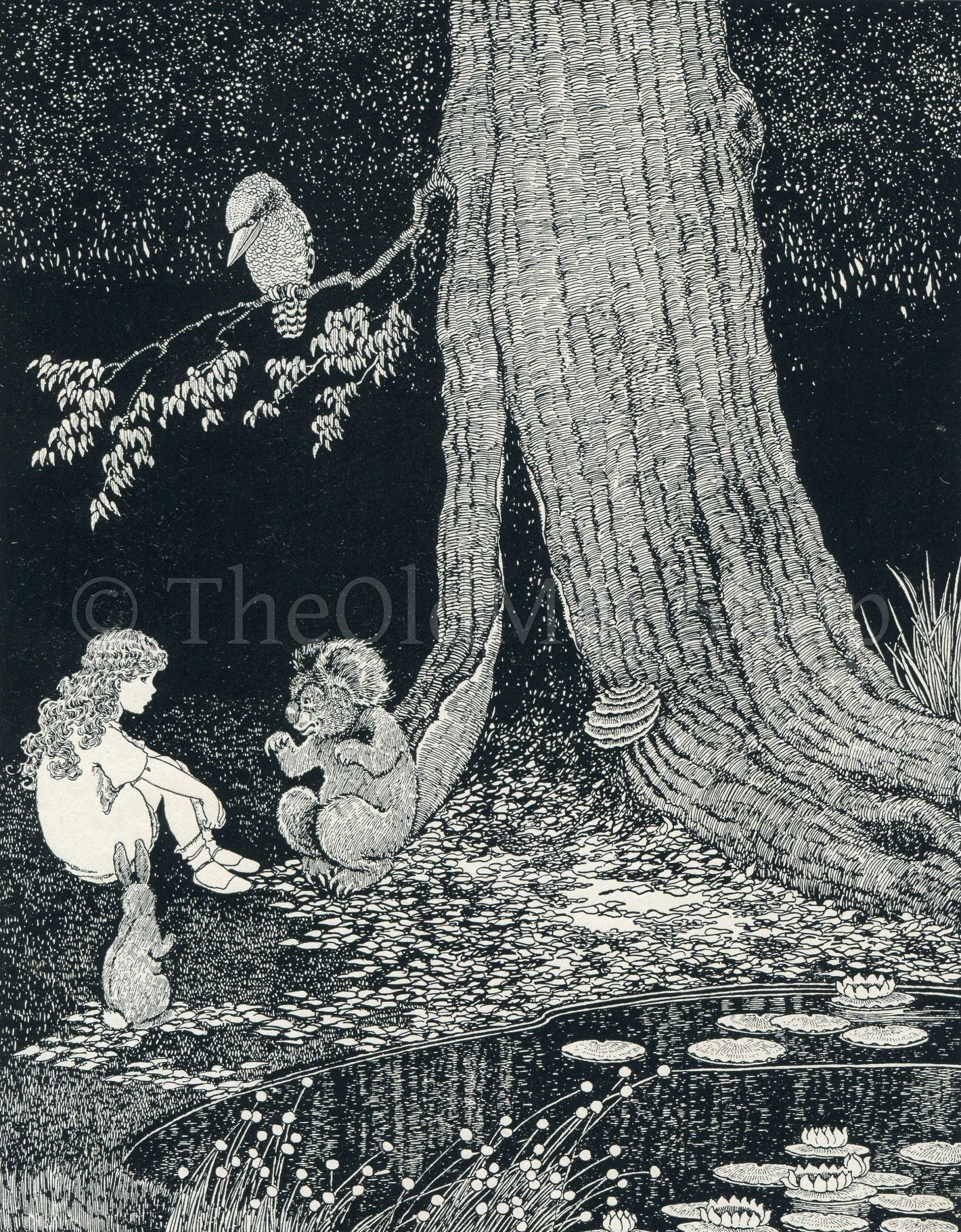 1922 Ida Rentoul Outhwaite Antique Fairy Print, Do It For The Sake of Us All, Koala Rabbit, Book Plate, The Little Green Road to Fairyland