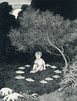 1922 Ida Rentoul Outhwaite Antique Fairy Print, Little Kay Sitting On Moss In Mushroom Ring, Book Plate, The Little Green Road to Fairyland