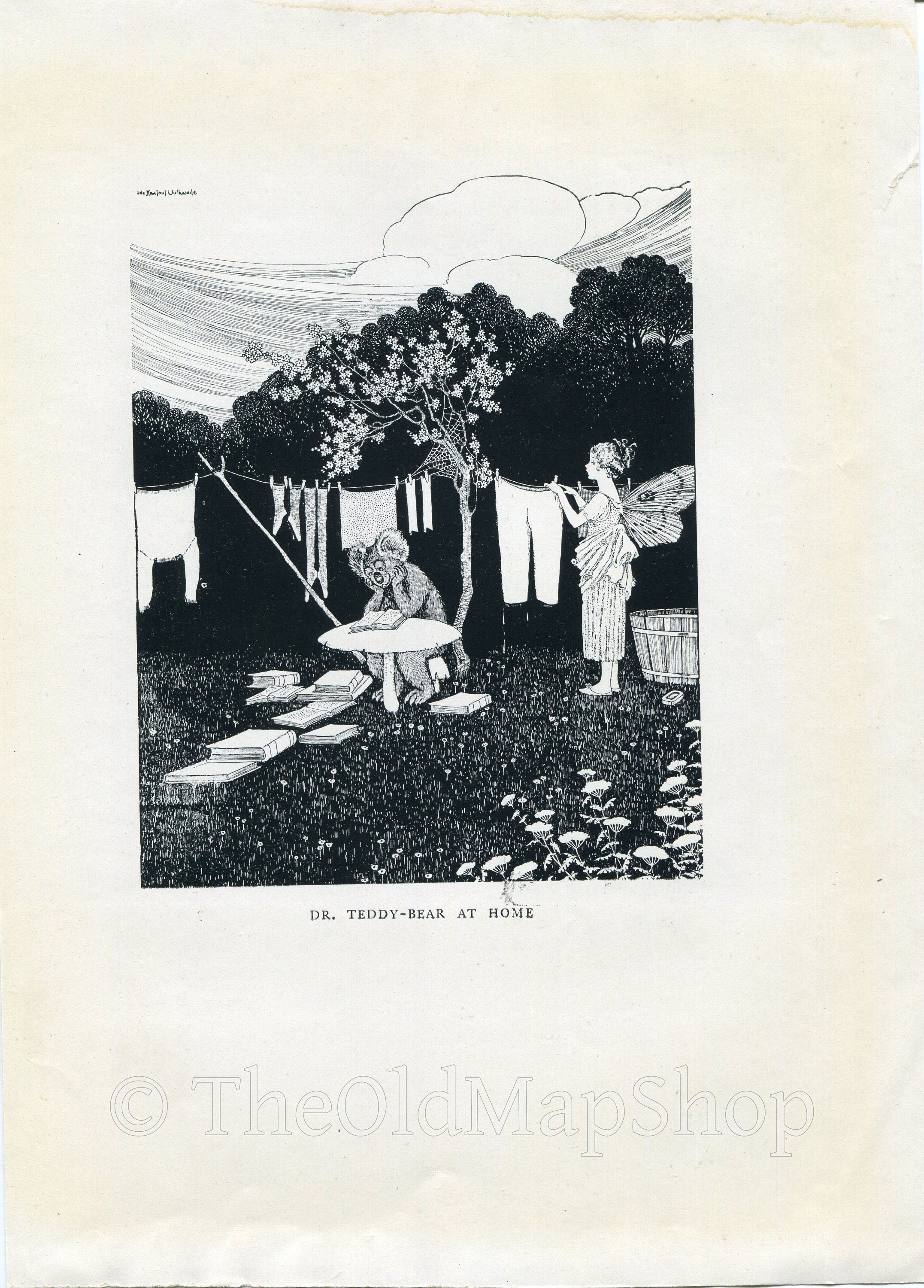 1921 Ida Rentoul Outhwaite Antique Fairy Print (Dr. Teddy-Bear At Home) Washing Line, Vintage Book Plate, from The Enchanted Forest