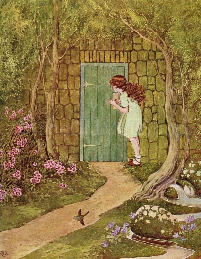 1922 Ida Rentoul Outhwaite Antique Fairy Print, She Saw a Green Mossy Wall & Door, Book Plate from The Little Green Road to Fairyland