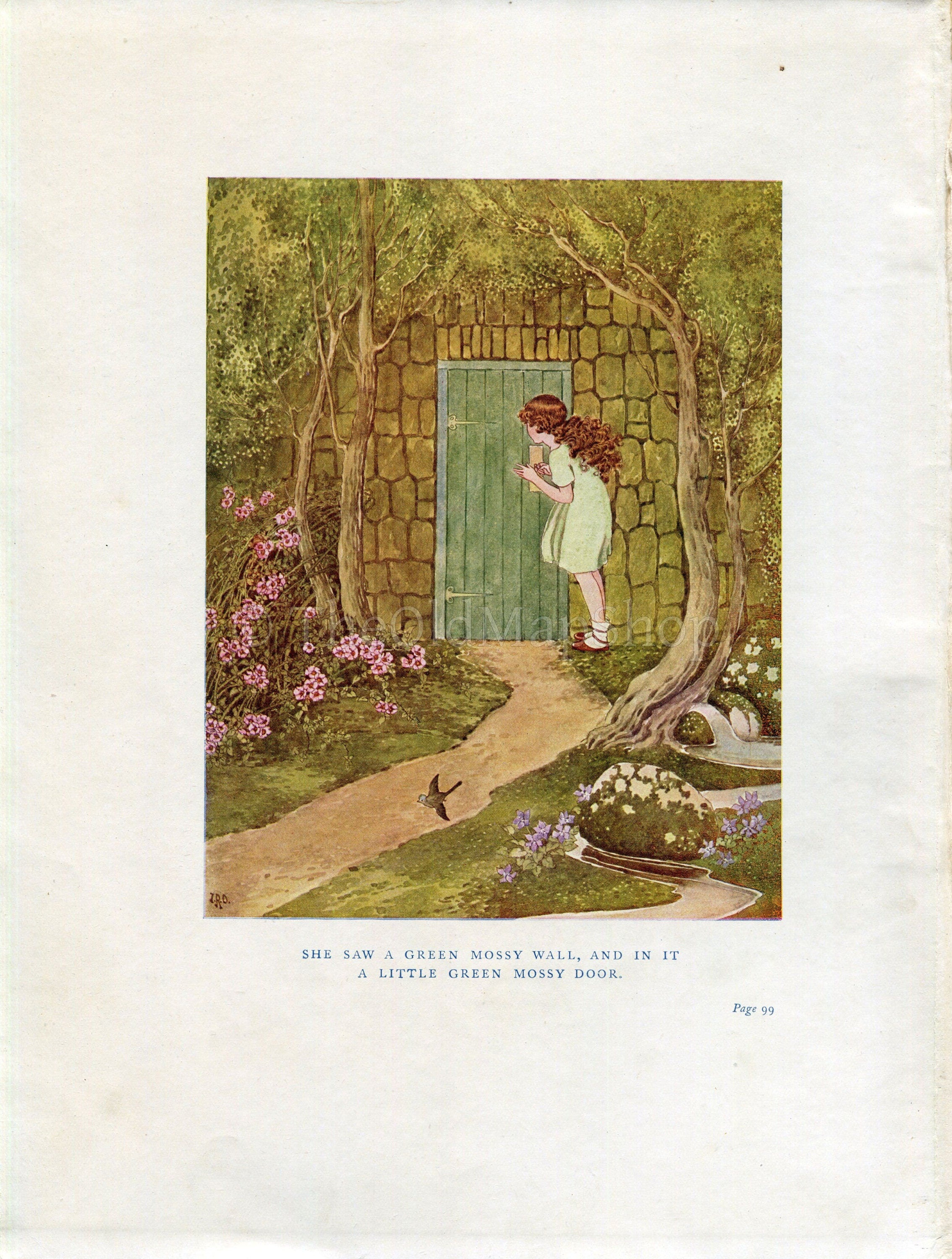1922 Ida Rentoul Outhwaite Antique Fairy Print, She Saw a Green Mossy Wall & Door, Book Plate from The Little Green Road to Fairyland