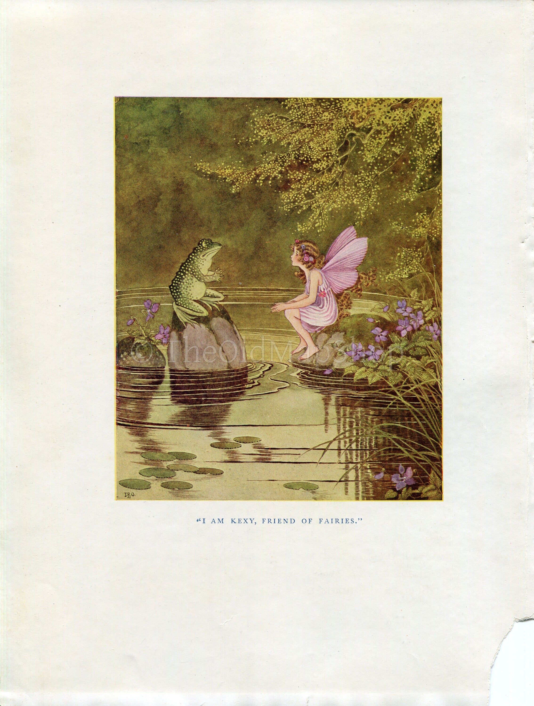 1922 Ida Rentoul Outhwaite Antique Fairy, Frog, Toad Print, Kexy Friend of Fairies, Book Plate from The Little Green Road to Fairyland
