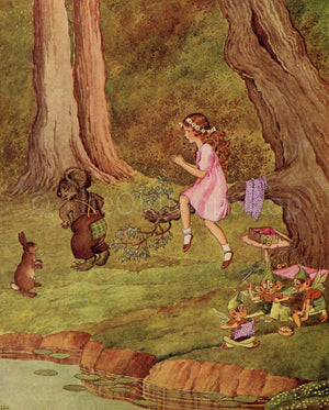 1922 Ida Rentoul Outhwaite Antique Fairy, Fairies Print, Big Tartan Patch, Koala, Bunny Rabbit, Book Plate, Little Green Road to Fairyland