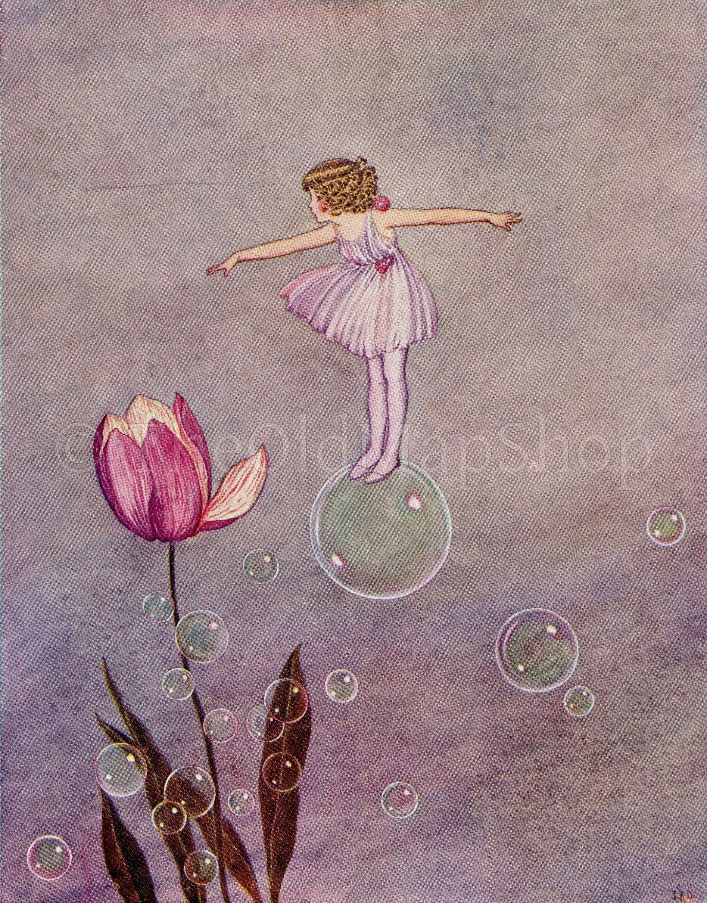 1922 Ida Rentoul Outhwaite Antique Print, Sylvie In Fairy Frock Floating On Great Bubble, Book Plate, The Little Green Road to Fairyland