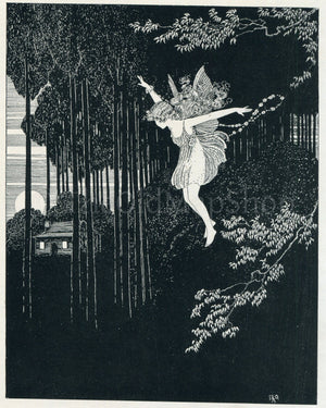 1922 Ida Rentoul Outhwaite Antique Fairy Fairies Print, She Flew Back to The Forest Clearing, Book Plate, The Little Green Road to Fairyland