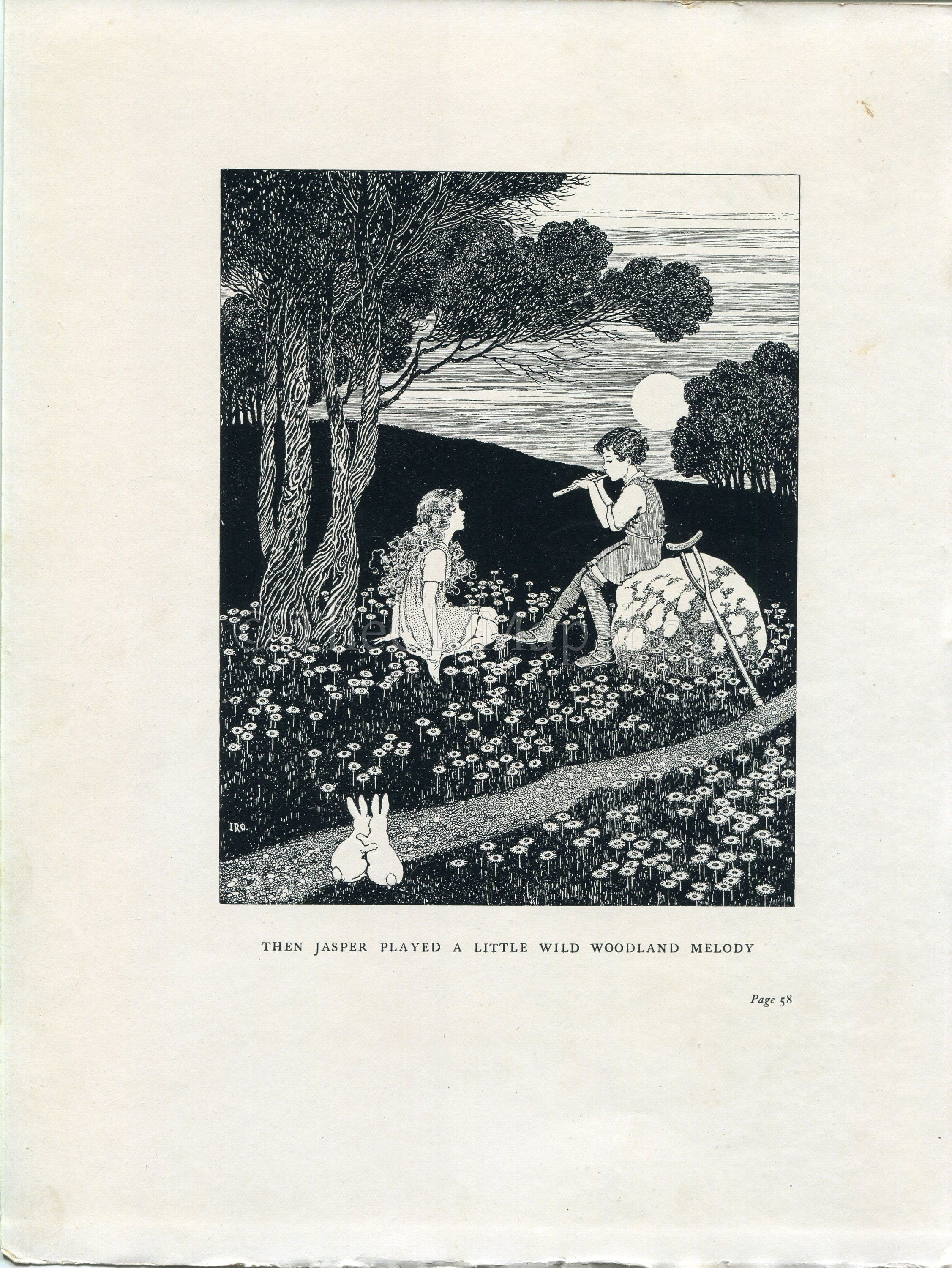 1922 Ida Rentoul Outhwaite Antique Fairy Print, Jasper Played A Little Wild Woodland Melody, Book Plate, The Little Green Road to Fairyland