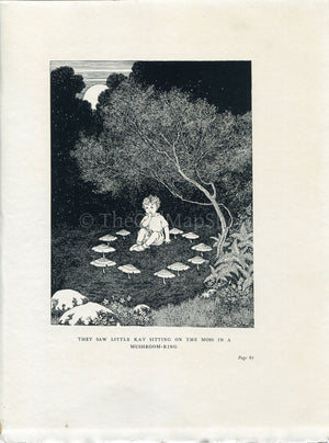 1922 Ida Rentoul Outhwaite Antique Fairy Print, Little Kay Sitting On Moss In Mushroom Ring, Book Plate, The Little Green Road to Fairyland