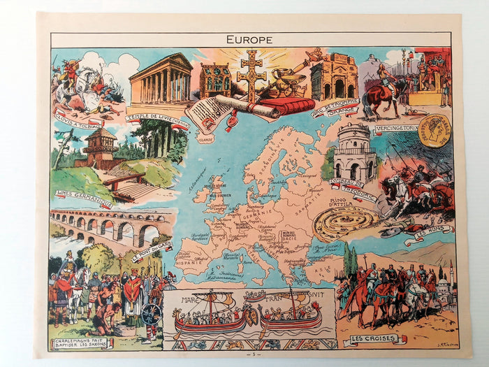 1948 Europe Pictorial Map, Print by Joseph Porphyre Pinchon. Shows Italy, Greece, France, Germany, Spain, Great Britain