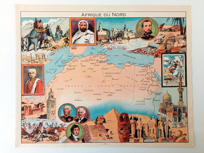 1948 North Africa "Afrique du Nord" Pictorial Map, Print by Joseph Porphyre Pinchon, Egypt, Algeria, Morocco. Tunisia, Sahara Desert