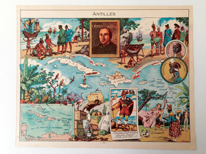 1948 Antilles Pictorial Map, Print by Joseph Porphyre Pinchon, Cuba, Jamaica, Haiti, Dominican Republic, Puerto Rico