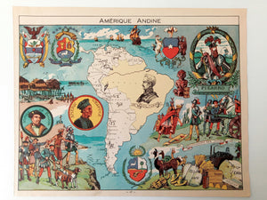 1948 Andean South America "Amerique Andine" Pictorial Map, Print by Joseph Porphyre Pinchon, Colombia Ecuador Peru Bolivia Chili Argentine
