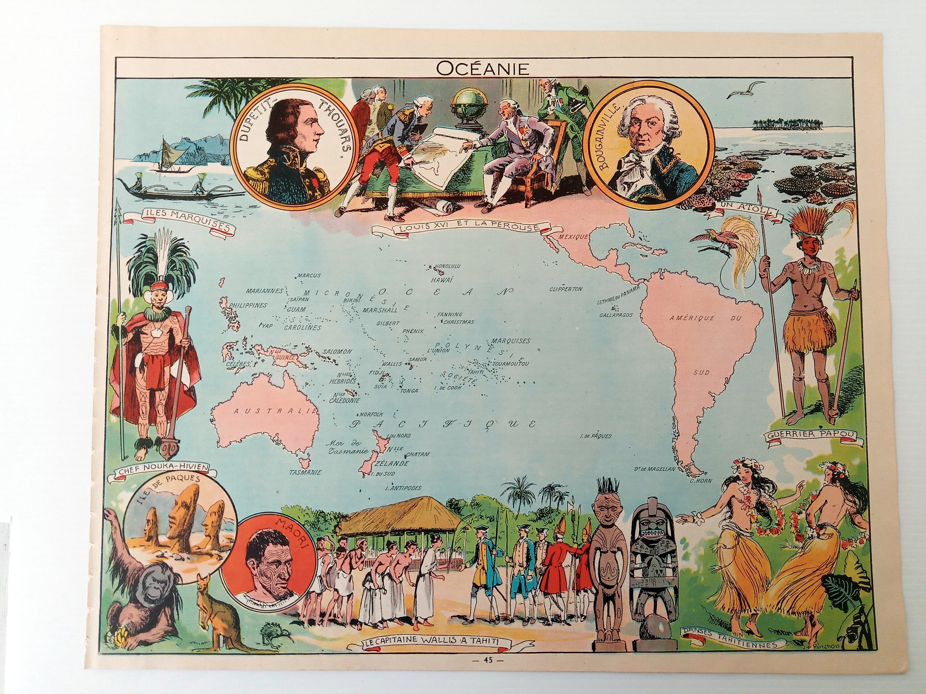 1948 Oceania, Australia "Oceanie" South America Pictorial Map, Print by Joseph Porphyre Pinchon, New Zealand Melanesia Micronesia Polynesia