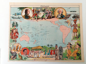 1948 Oceania, Australia "Oceanie" South America Pictorial Map, Print by Joseph Porphyre Pinchon, New Zealand Melanesia Micronesia Polynesia