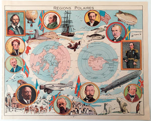 1948 North Pole, South Pole, Arctic, Antarctic "Regions Polaires" Pictorial Map, Print by Joseph Porphyre Pinchon
