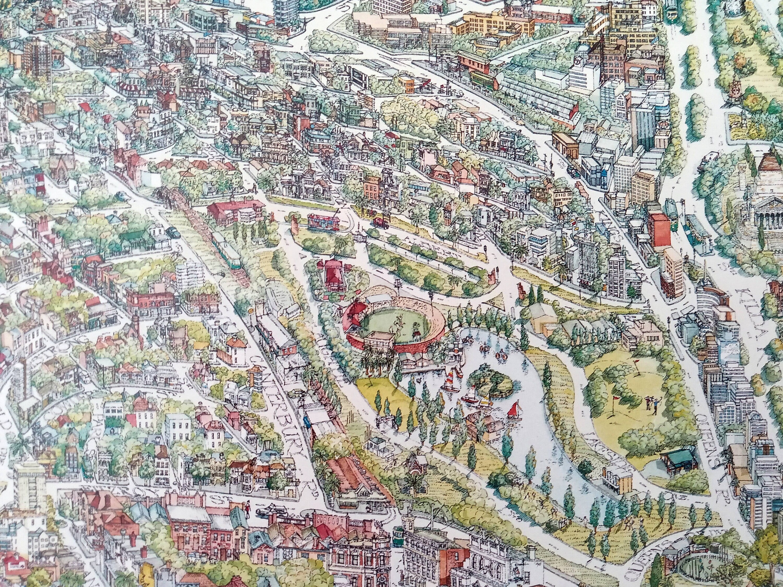 Rare Original 1991 Melbourne Australia Pictorial Map, Bird's-eye view by Melinda Clarke, Deborah Young & Oblique Creations Pty Ltd.