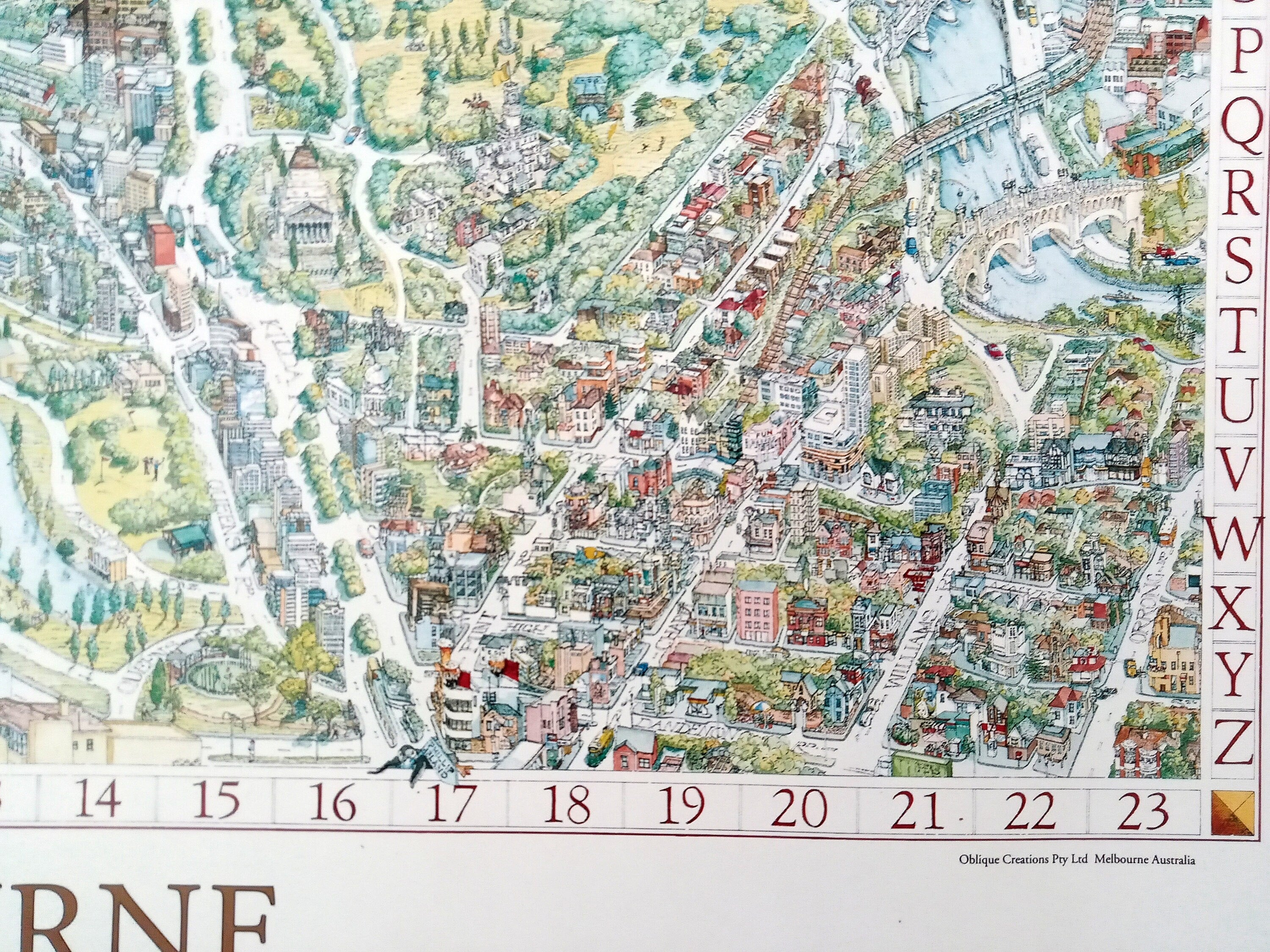 Rare Original 1991 Melbourne Australia Pictorial Map, Bird's-eye view by Melinda Clarke, Deborah Young & Oblique Creations Pty Ltd.