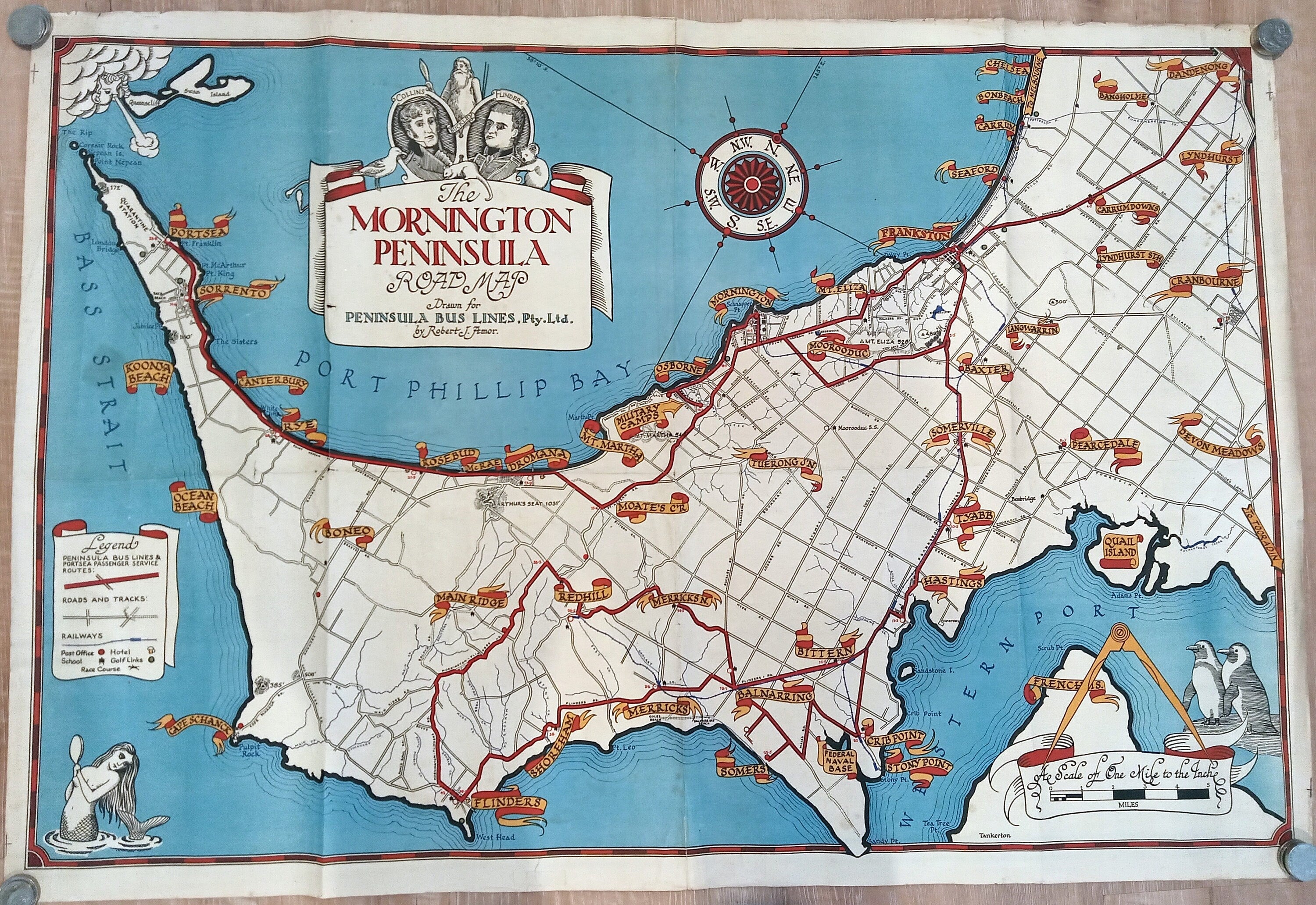 Very Rare c.1945 Mornington Peninsula Pictorial Map by Robert J. Amor Portsea, Sorrento Rye Rosebud Dromana Port Phillip Melbourne Australia