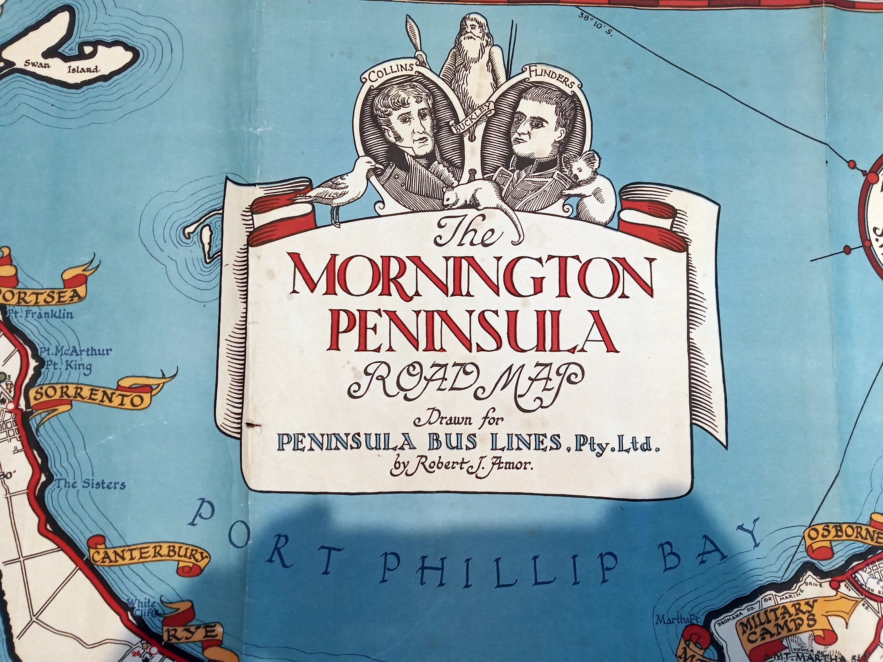 Very Rare c.1945 Mornington Peninsula Pictorial Map by Robert J. Amor Portsea, Sorrento Rye Rosebud Dromana Port Phillip Melbourne Australia