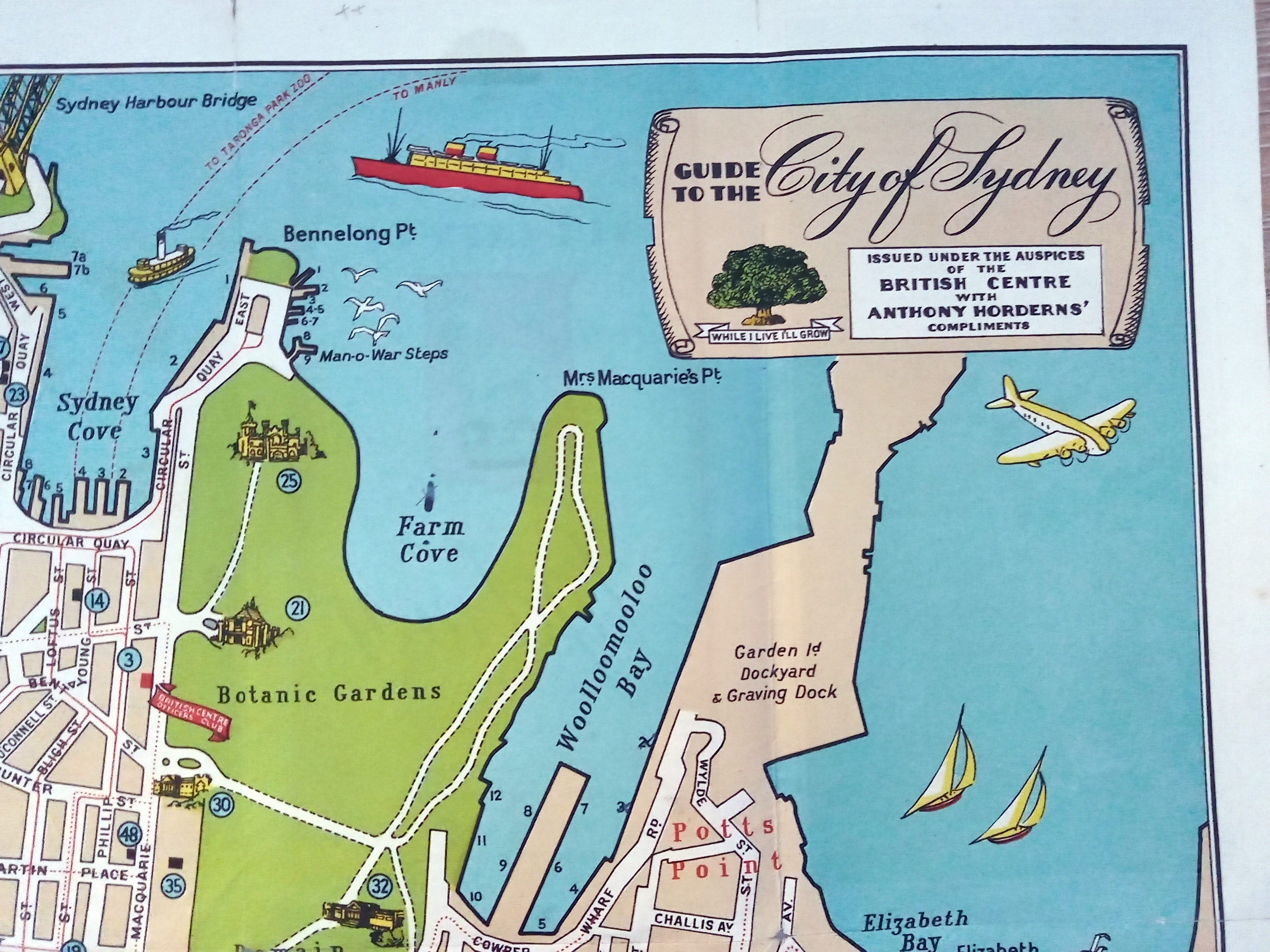 c.1945 Guide to the City of Sydney Pictorial Map Issued under the Auspices of the British Centre with Anthony Horderns Compliments Australia