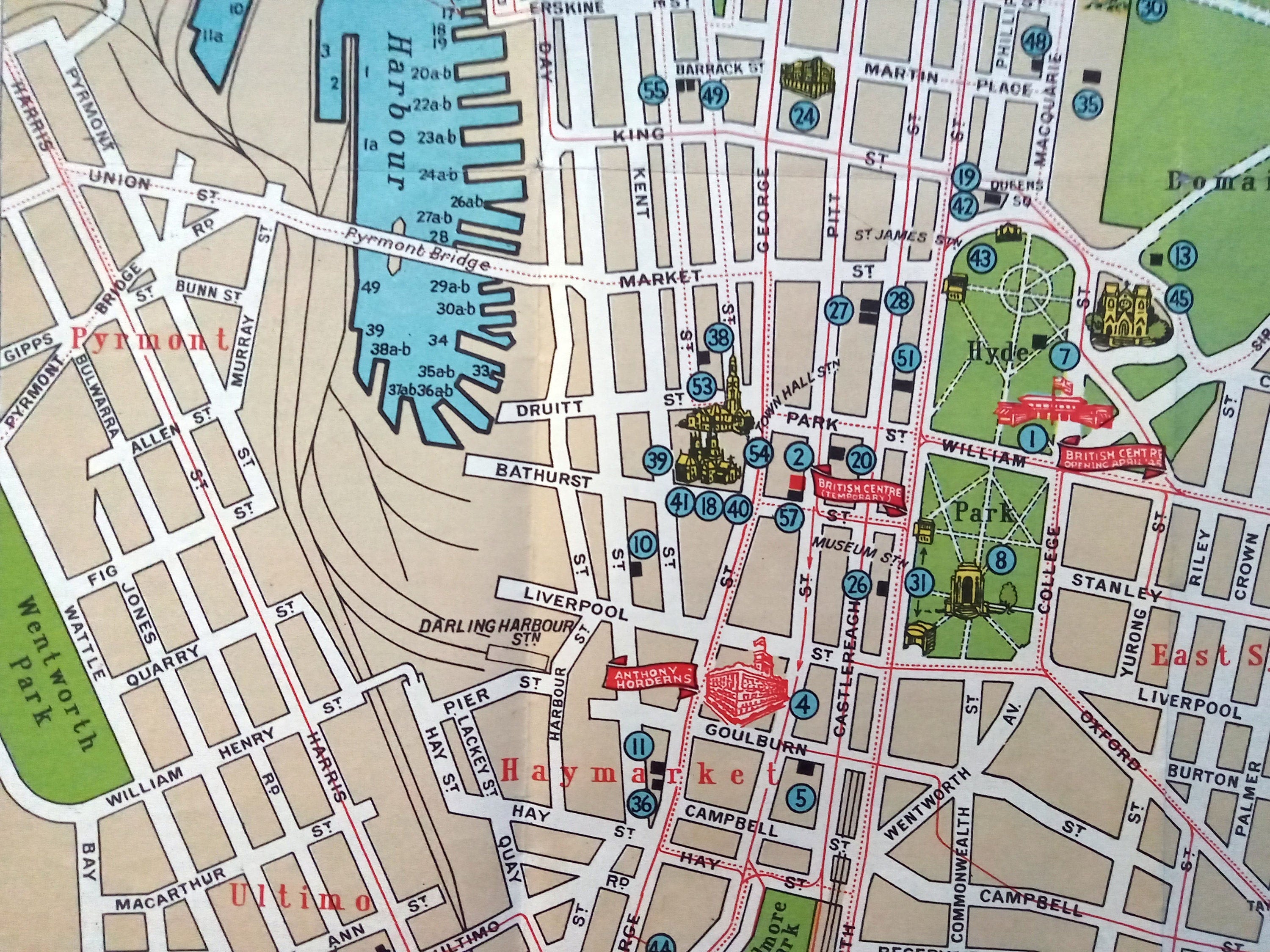 c.1945 Guide to the City of Sydney Pictorial Map Issued under the Auspices of the British Centre with Anthony Horderns Compliments Australia