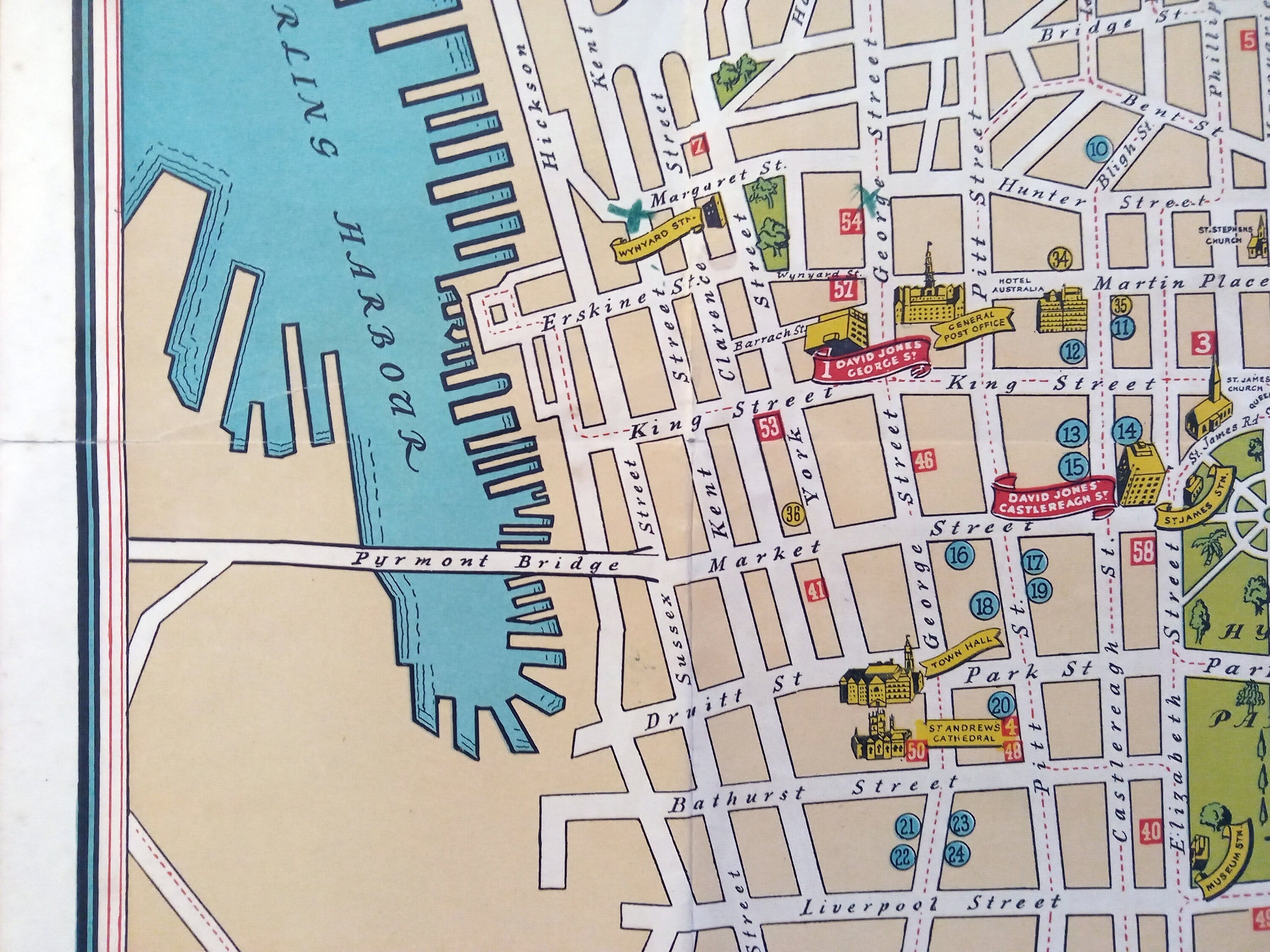 c.1944 City of Sydney Street Map. Pictorial Map. by David Jones Ltd, Australia