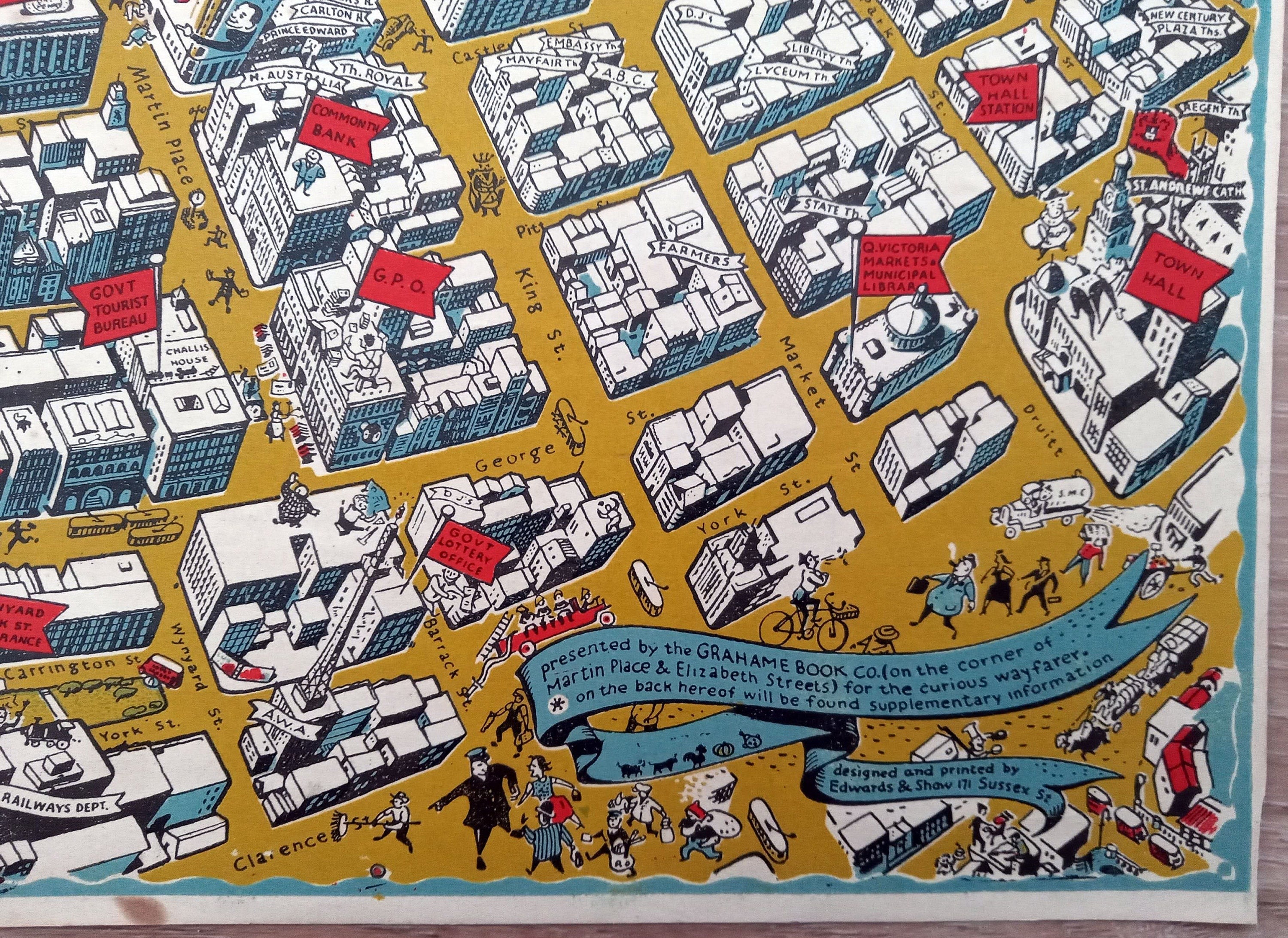 Rare 1948 Map of Sydney & Inhabitants Pictorial bird's-eye view by Roderick Shaw, Australia