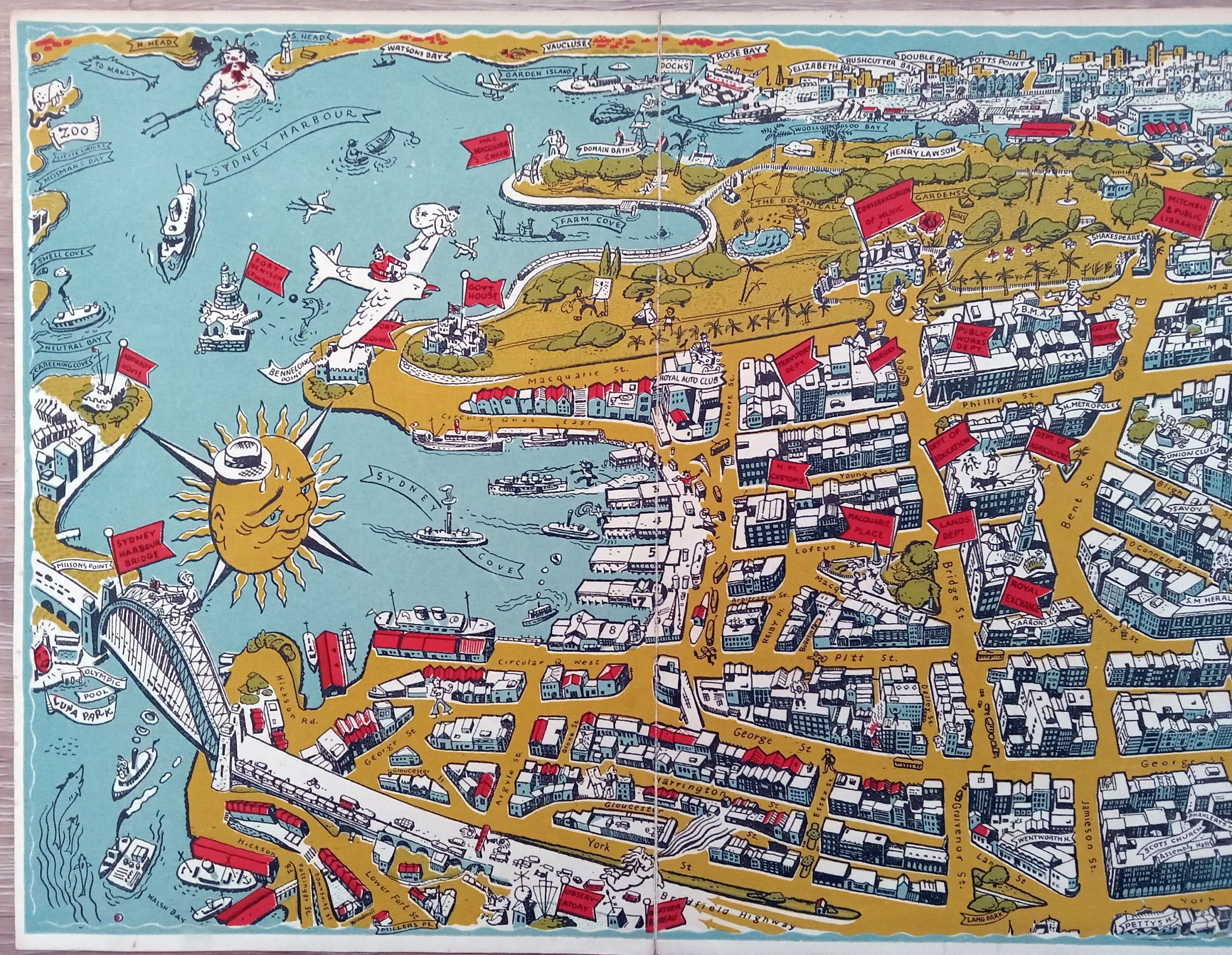 Rare 1948 Map of Sydney & Inhabitants Pictorial bird's-eye view by Roderick Shaw, Australia