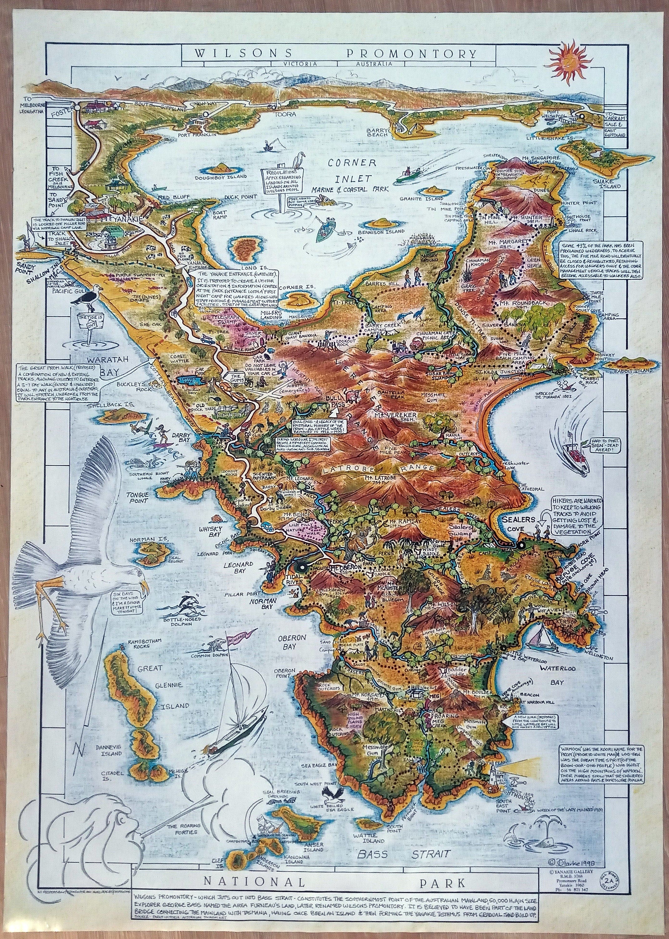 1998 Wilsons Promontory Pictorial Tourist Map, Poster by David Clarke. Victoria Australia