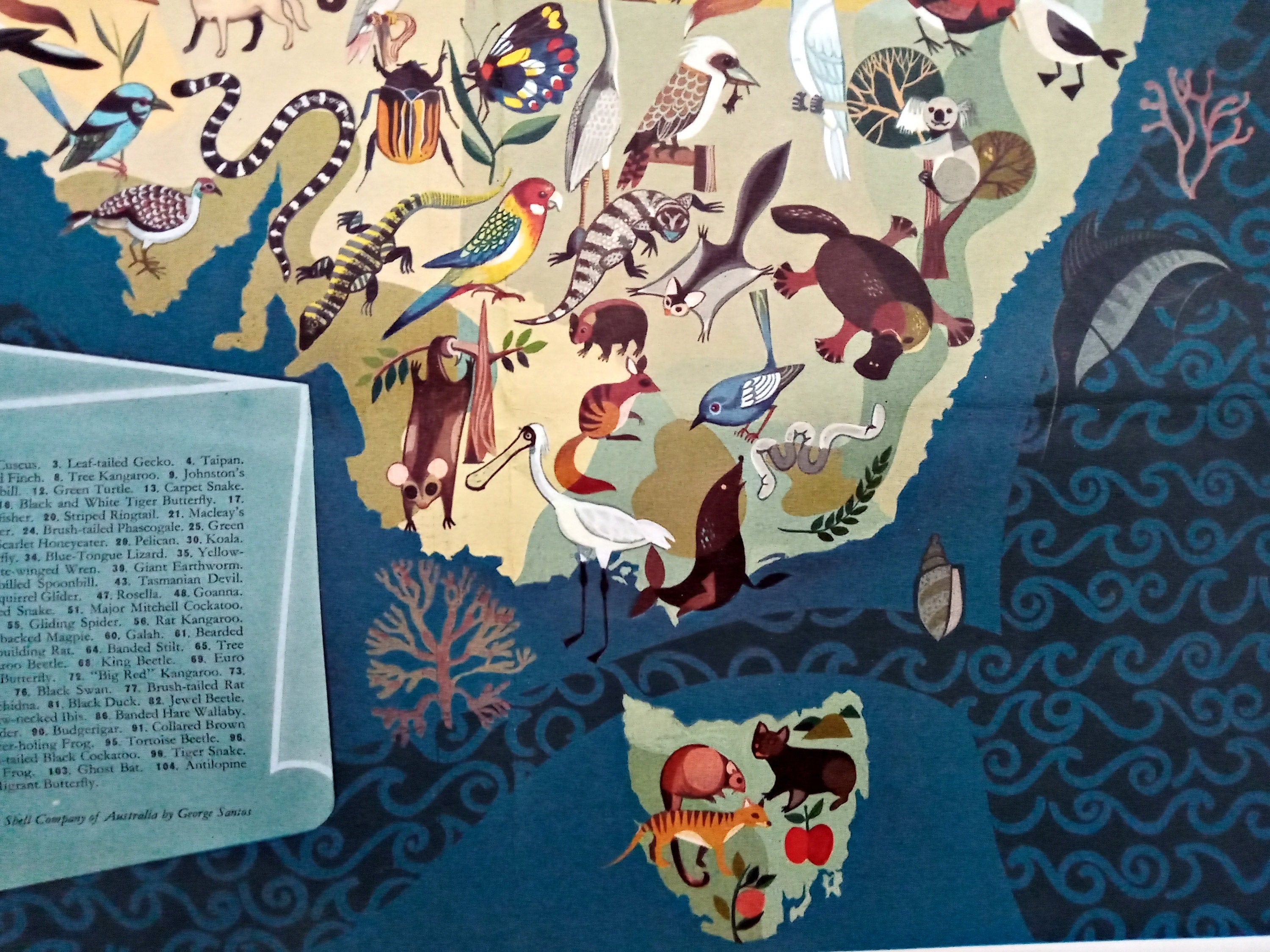 Rare c.1940-1950 George Santos, Decorative Animals, Fauna of Australia Pictorial Map. Published by Shell Oil