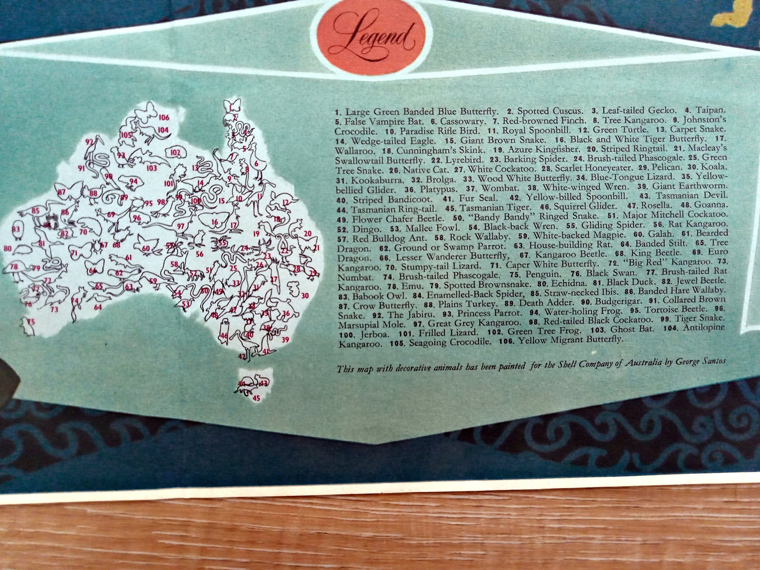 Rare c.1940-1950 George Santos, Decorative Animals, Fauna of Australia Pictorial Map. Published by Shell Oil