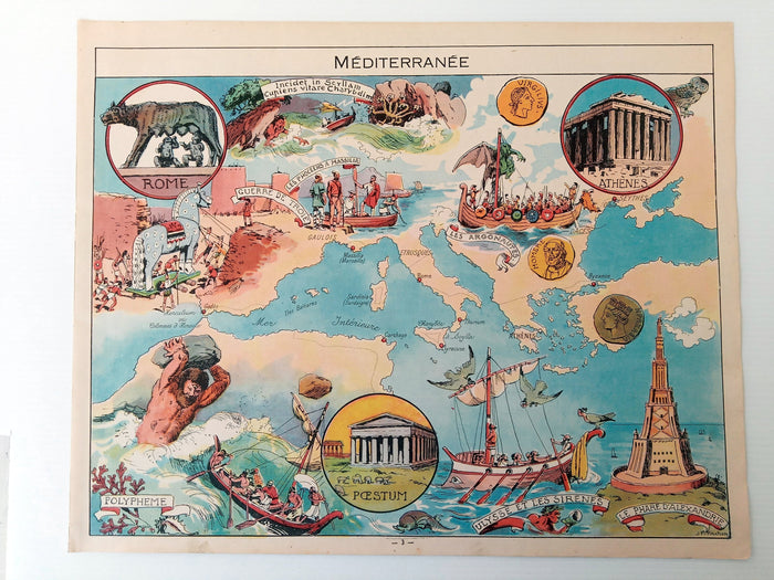 1948 Mediterranean Sea "Mediterranee" Pictorial Map, Print by Joseph Porphyre Pinchon. Shows Italy, Greece, North Africa, South of France
