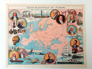 1948 Europe "Essor Scientifique de L'Europe" Pictorial Map, Print by Joseph Porphyre Pinchon. Italy, Greece, France, Germany, Spain, England