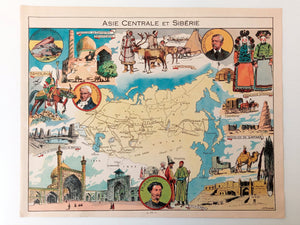1948 Asia "Asie Centrale et Siberie" Pictorial Map, Print by Joseph Porphyre Pinchon. China, Russia, Siberia, Japan, Iran