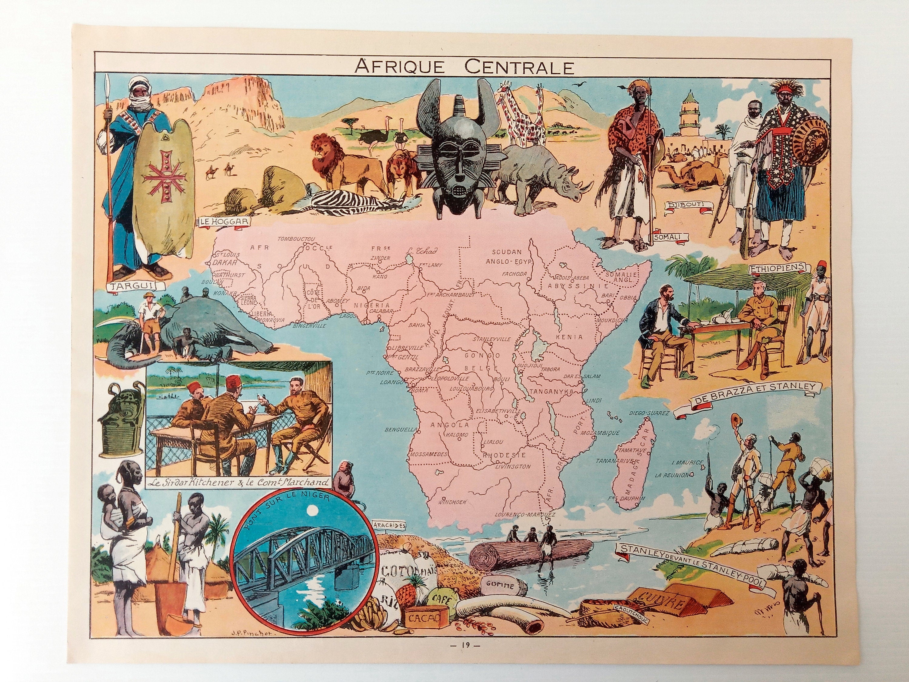 1948 Central Africa "Afrique Centrale" Pictorial Map, Print by Joseph Porphyre Pinchon, Congo, Kenya, Madagascar, Tanzania, Angola, Nigeria