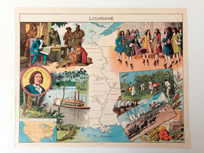 1948 Louisiana "Louisiane" Pictorial Map, Print by Joseph Porphyre Pinchon, Mississippi River Arkansas Missouri Illinois Wisconsin Minnesota