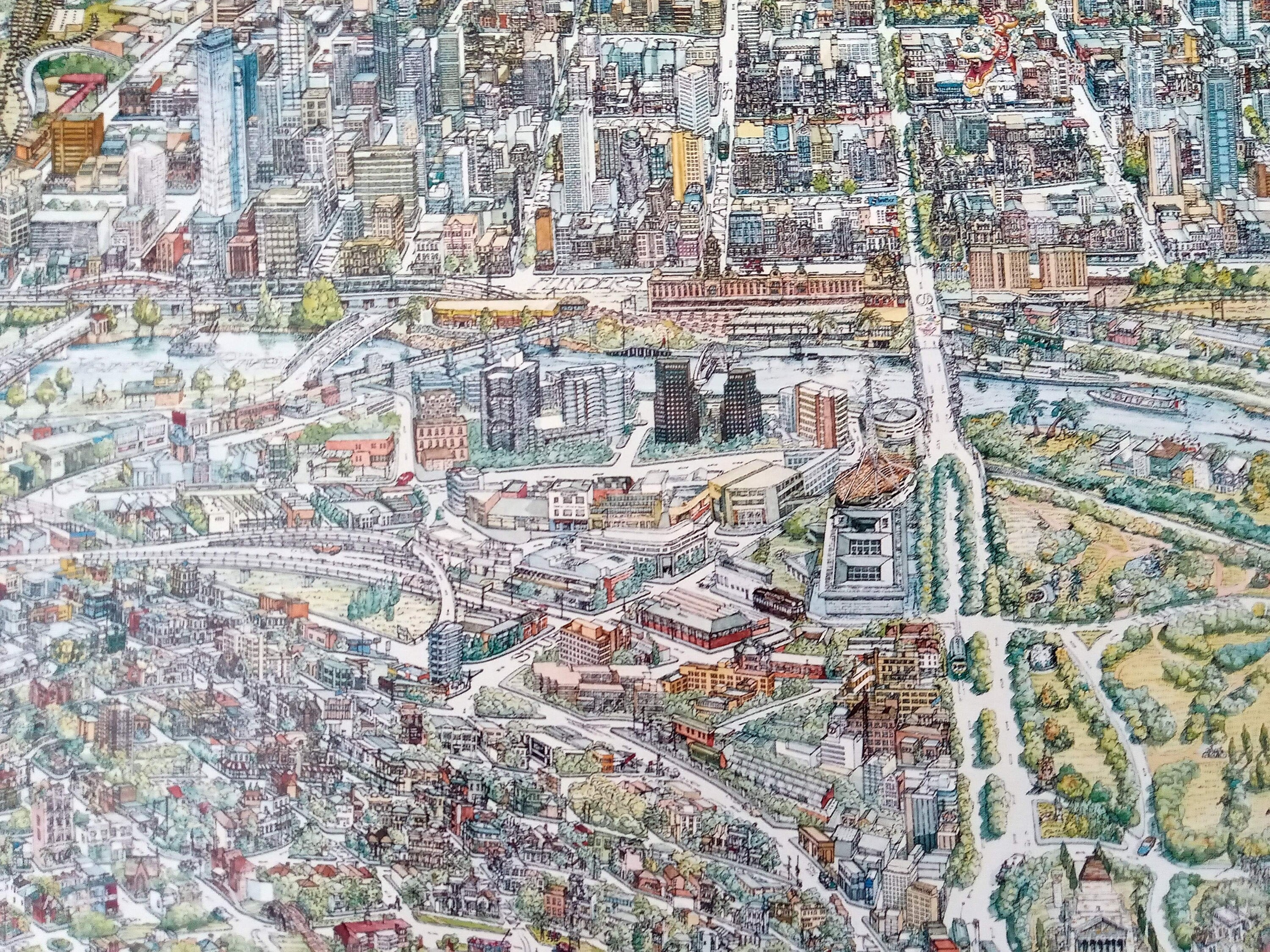 Rare Original 1991 Melbourne Australia Pictorial Map, Bird's-eye view by Melinda Clarke, Deborah Young & Oblique Creations Pty Ltd.