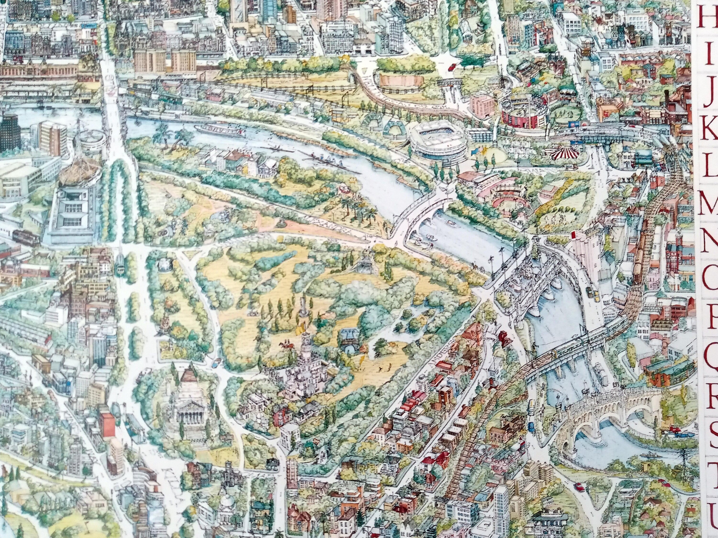 Rare Original 1991 Melbourne Australia Pictorial Map, Bird's-eye view by Melinda Clarke, Deborah Young & Oblique Creations Pty Ltd.